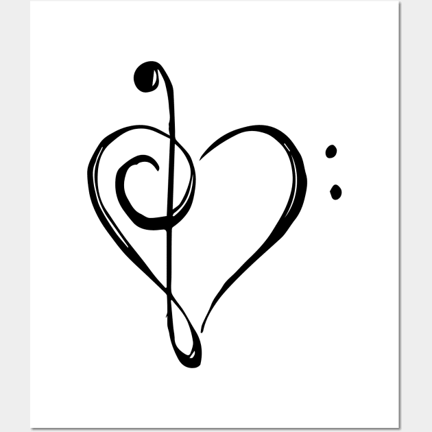 Love Music - Treble and Bass Clef Heart - black Wall Art by MeowOrNever